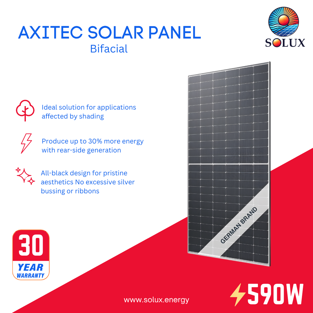 This is an image of Commercial Solar PV Axitec 590W Bifacial Solar Panel